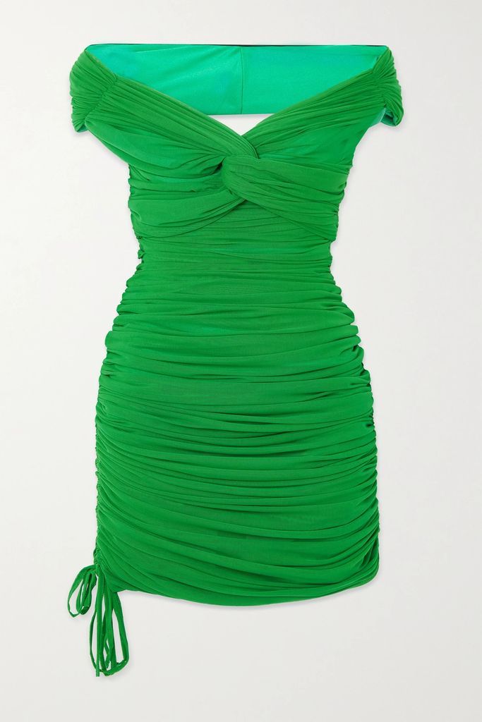 Diana Off-the-shoulder Ruched Stretch-tulle Dress - Green