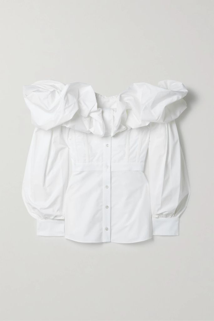 Off-the-shoulder Ruffled Cotton Shirt - White