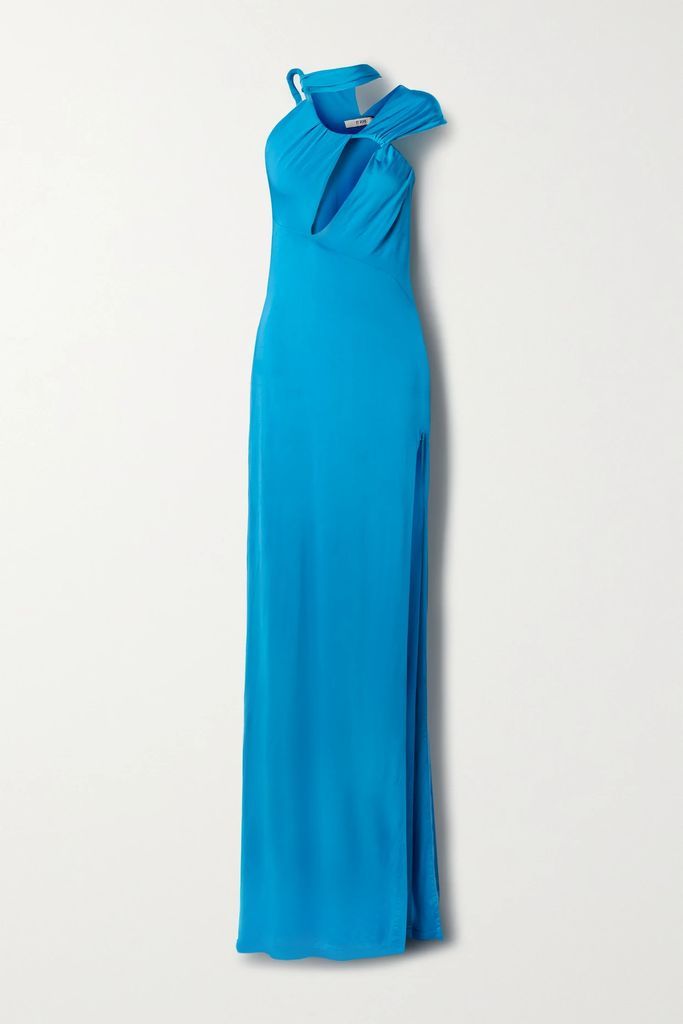 One-shoulder Cutout Ruched Stretch-jersey Gown - Blue