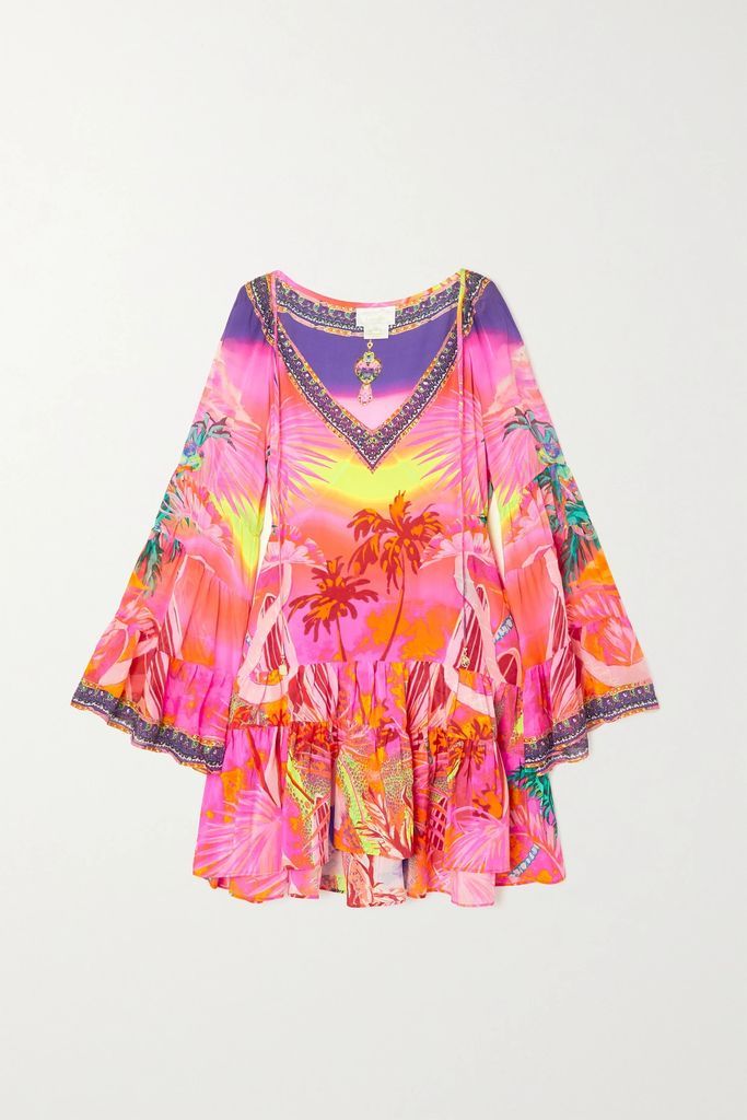 Crystal-embellished Tiered Printed Silk Coverup - Pink