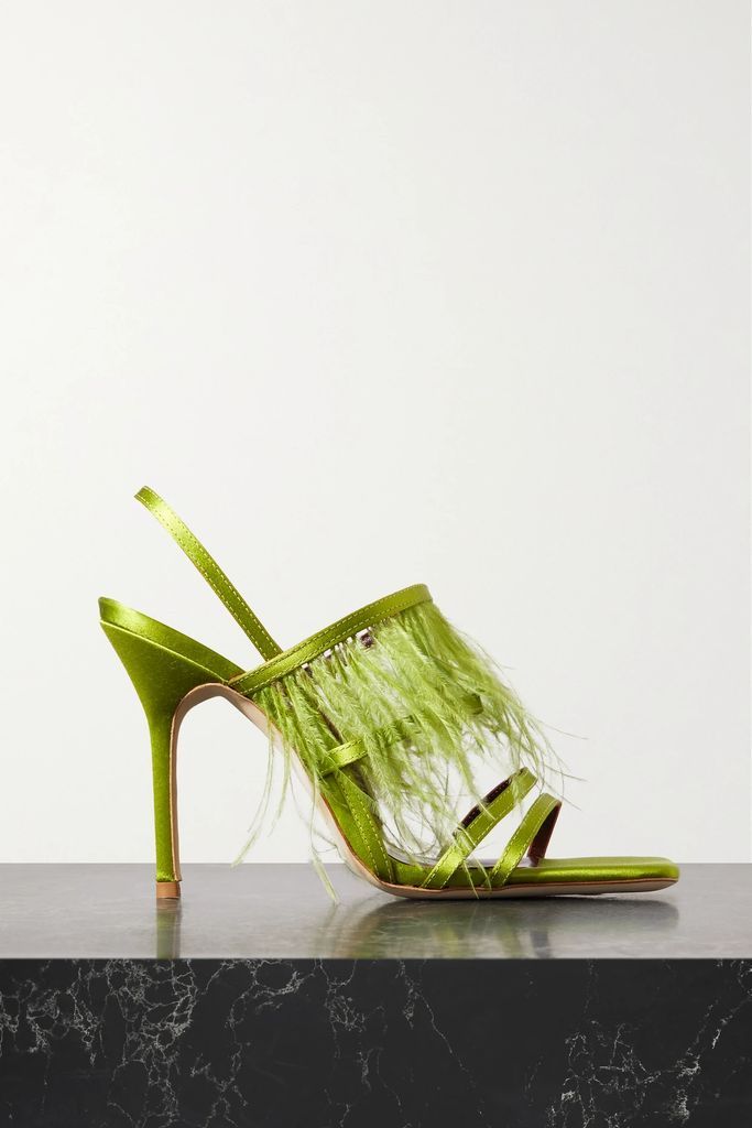 Anise Feather-trimmed Satin Sandals - Green