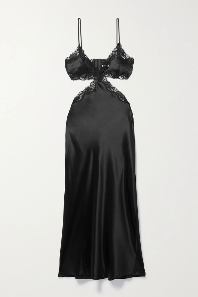 Cutout Lace-trimmed Silk-charmeuse Midi Dress - Black