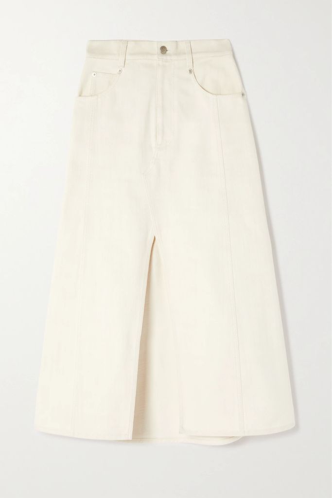 Ruffled Denim Midi Skirt - White