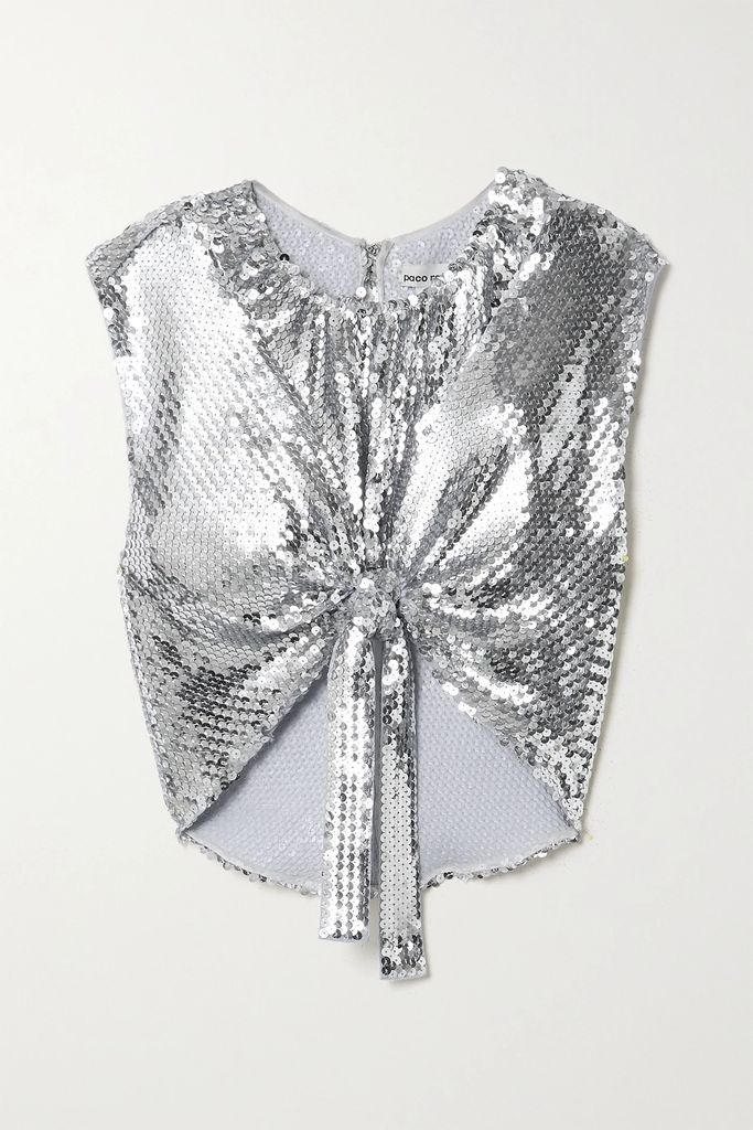 Cropped Tie-detailed Sequined Georgette Top - Silver