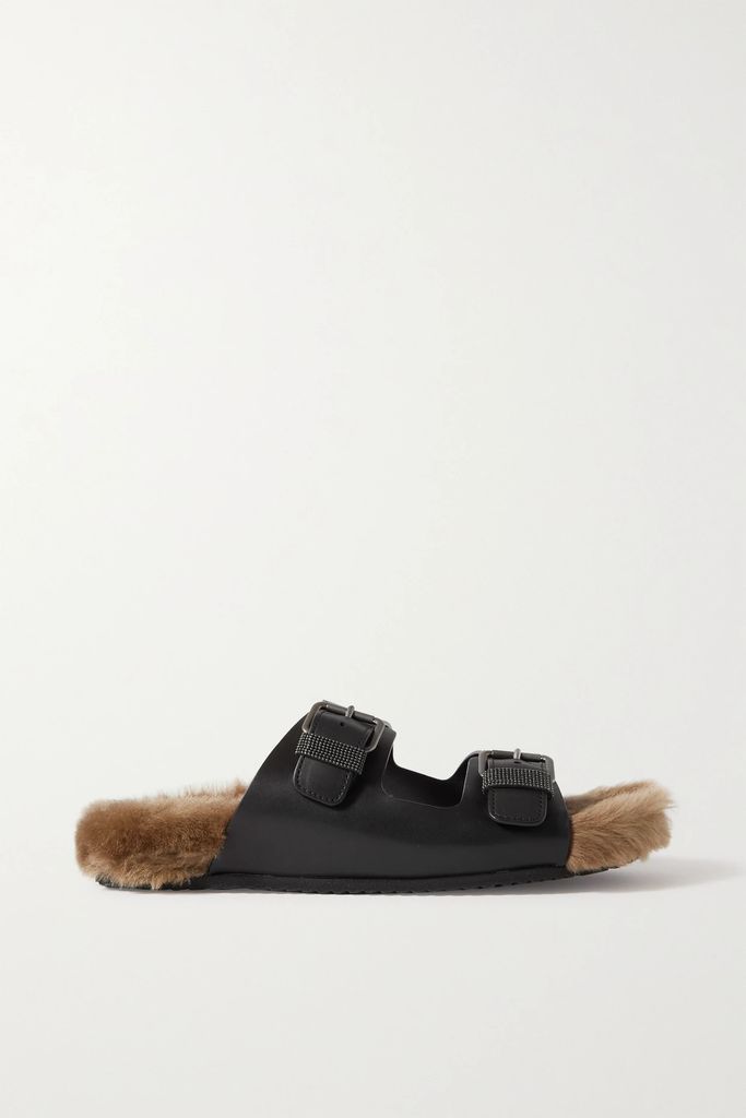 Bead-embellished Shearling-lined Leather Sandals - Black