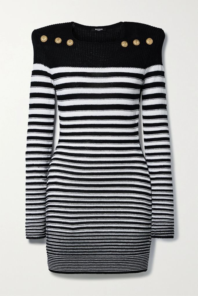 Button-embellished Striped Ribbed Cotton-blend Mini Dress - Black