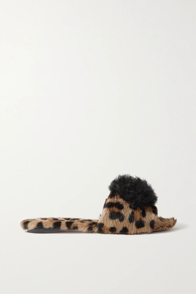 Foxy Pompom-embellished Leopard-print Goat Hair Slides - Leopard print
