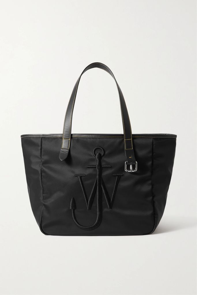 Embroidered Leather-trimmed Shell Tote - Black