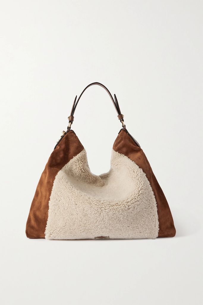Ana Leather-trimmed Shearling And Suede Shoulder Bag - Tan