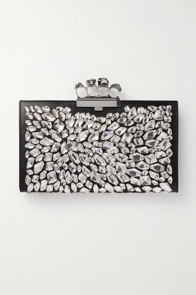 Four Ring Embellished Leather Pouch - Black