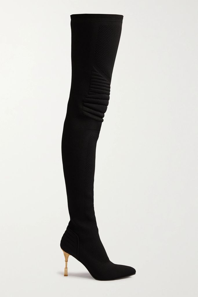 Quilted Stretch-knit Over-the-knee Boots - Black