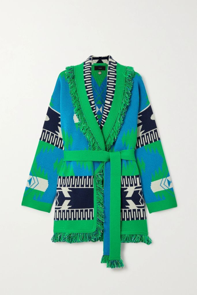 Icon Belted Fringed Cashmere-jacquard Cardigan - Green