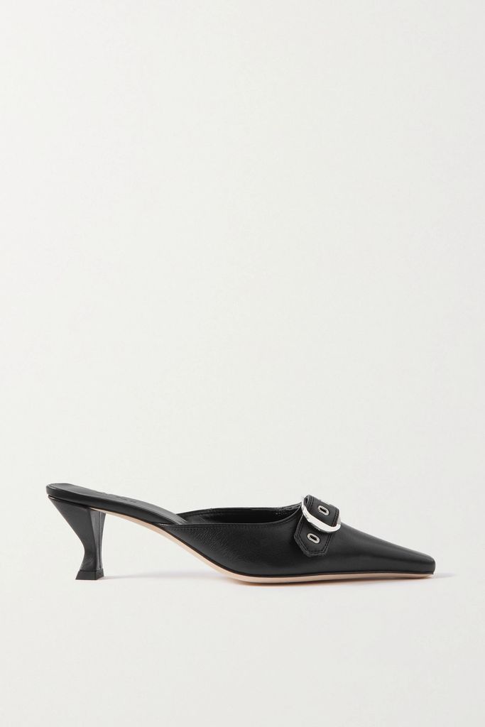 Evelyn Buckled Leather Mules - Black