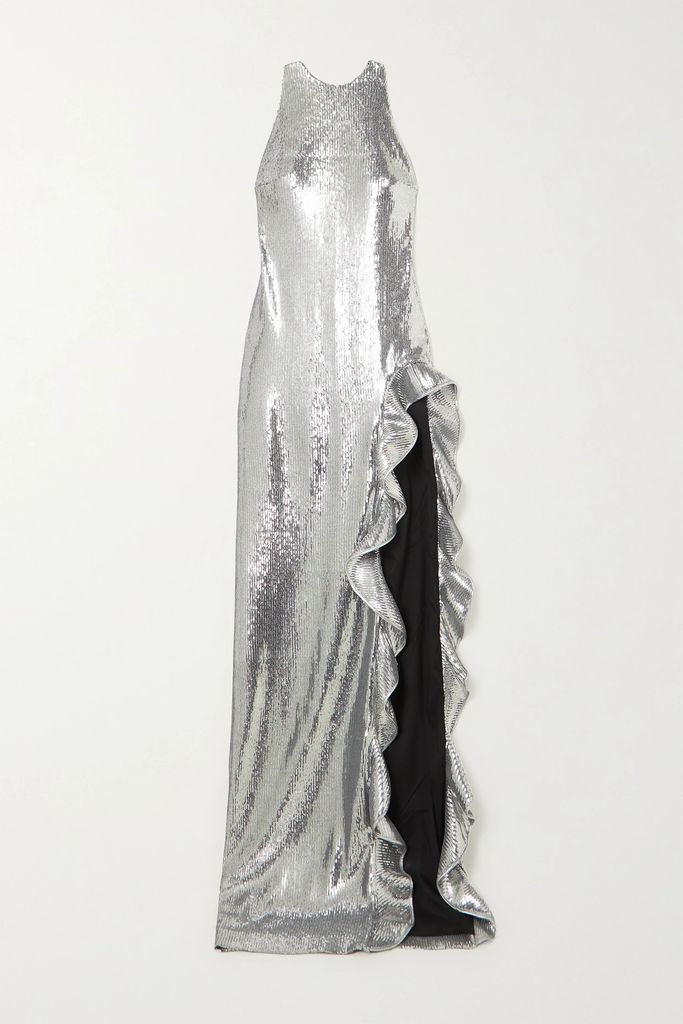 Halterneck Sequin And Ruffle-embellished Stretch-crepe Gown - Silver