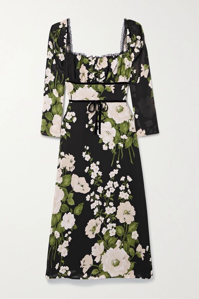 Pennie Lace-trimmed Floral-print Georgette Midi Dress - Black