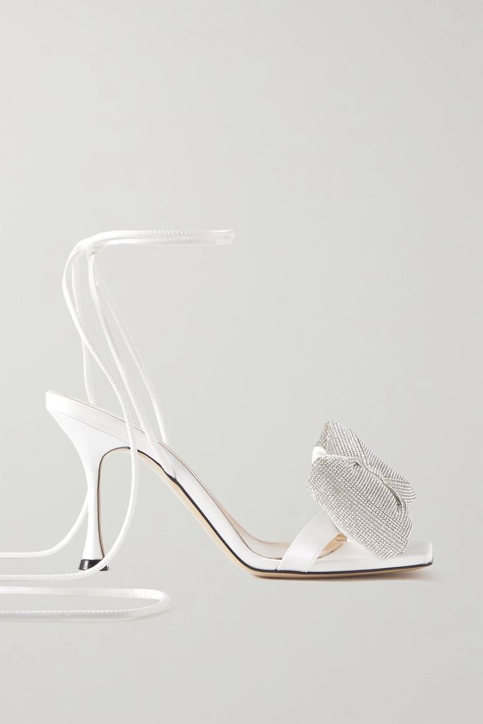 Nicole Puffed Bow Crystal-embellished Satin Sandals - White