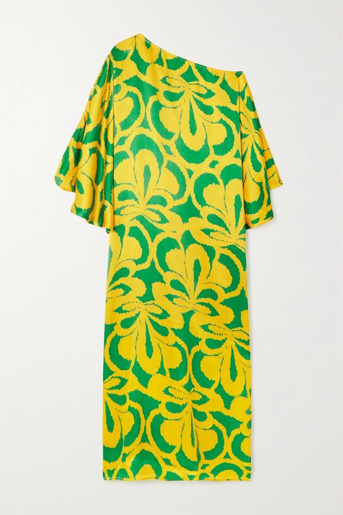 Bohemia Asymmetric Printed Silk Midi Dress - Yellow