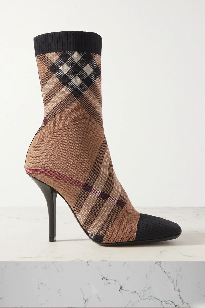 Leather-trimmed Checked Knitted Ankle Boots - Beige