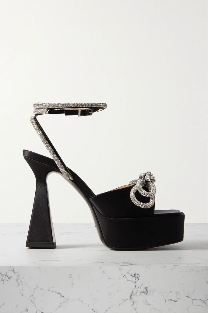 Double Bow Crystal-embellished Satin Platform Sandals - Black