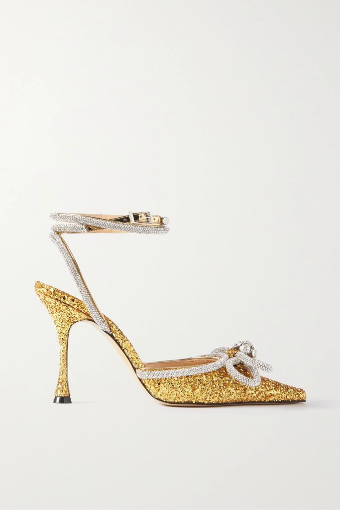 Double Bow Crystal-embellished Glittered Leather Pumps - Gold