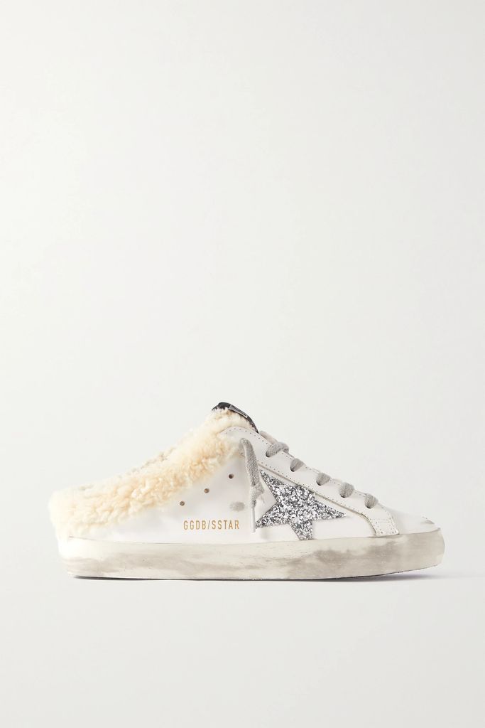 Superstar Sabot Shearling-lined Distressed Glittered Leather Slip-on Sneakers - White