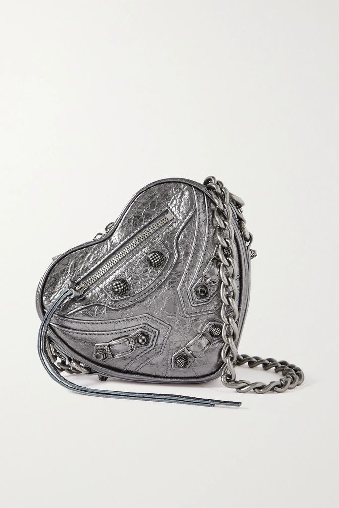Le Cagole Heart Mini Metallic Crinkled-leather Shoulder Bag - Silver