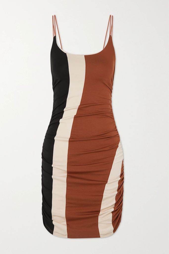 Color-block Ruched Stretch-lyocell Jersey Mini Dress - Brown
