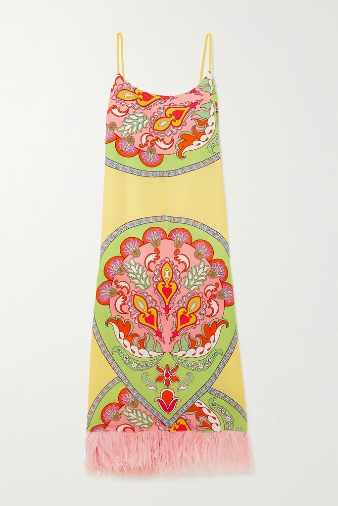 Thalai Feather-trimmed Printed Crepe De Chine Midi Dress - Yellow