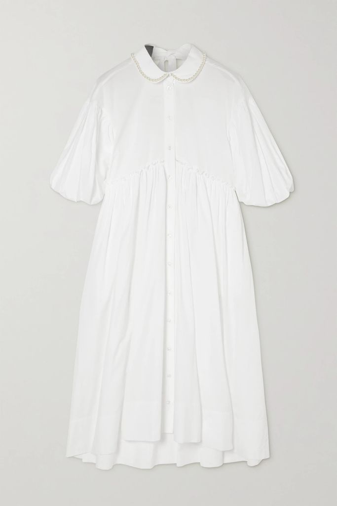 Faux Pearl-embellished Ruffled Cotton-poplin Midi Dress - White