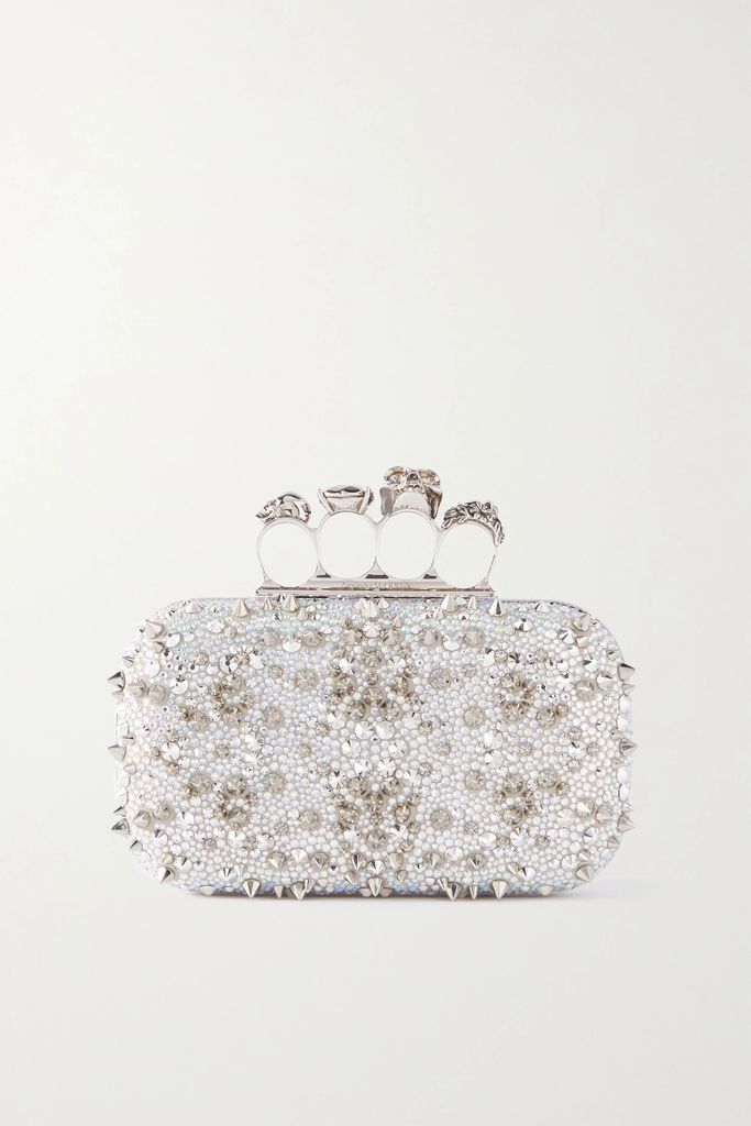 Four Ring Spiked Crystal-embellished Leather Clutch - White