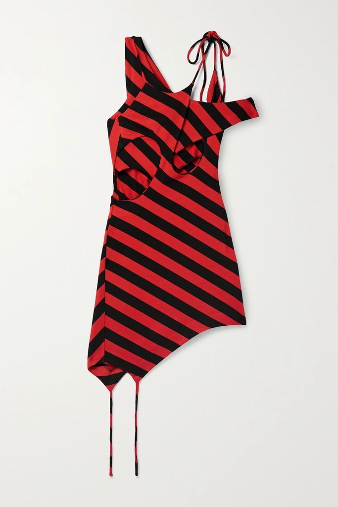 Asymmetric Cutout Striped Jersey Mini Dress - Black