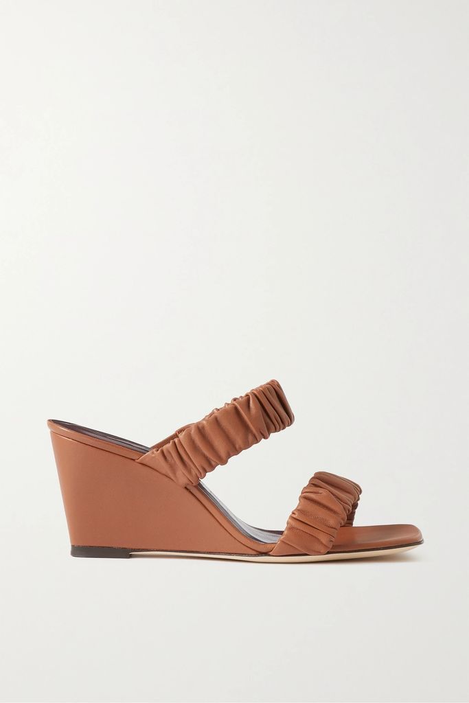 Frankie Ruched Leather Wedge Sandals - Tan