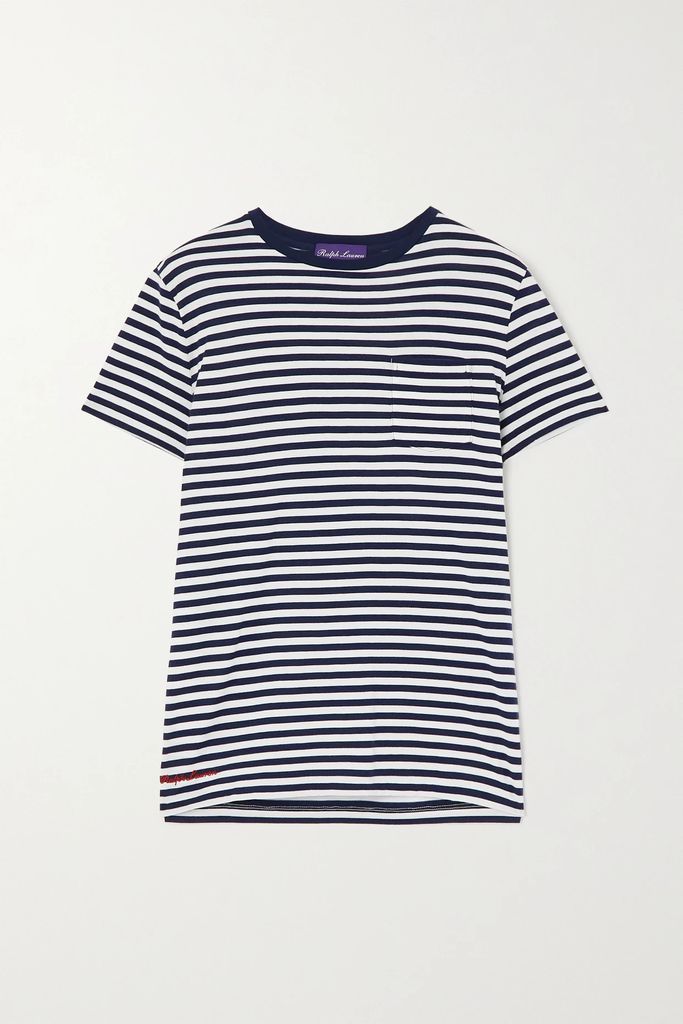 Embroidered Striped Cotton-jersey T-shirt - Navy