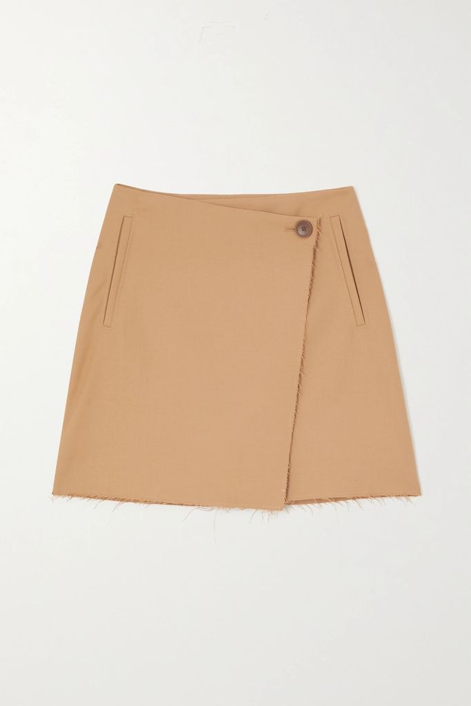 Esmaa Frayed Stretch Recycled-twill Mini Wrap Skirt - Camel