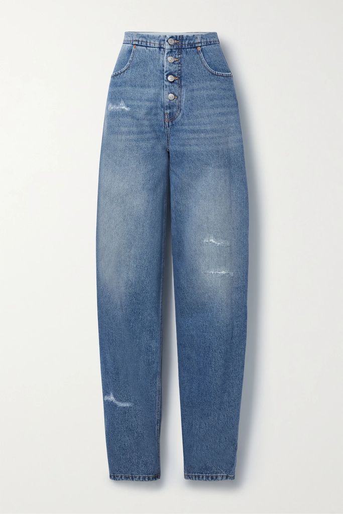 Distressed High-rise Tapered Jeans - Mid denim