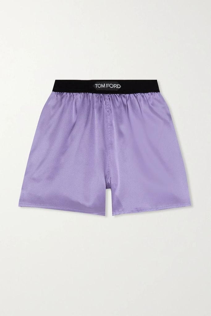 Velvet-trimmed Stretch-silk Satin Shorts - Lilac