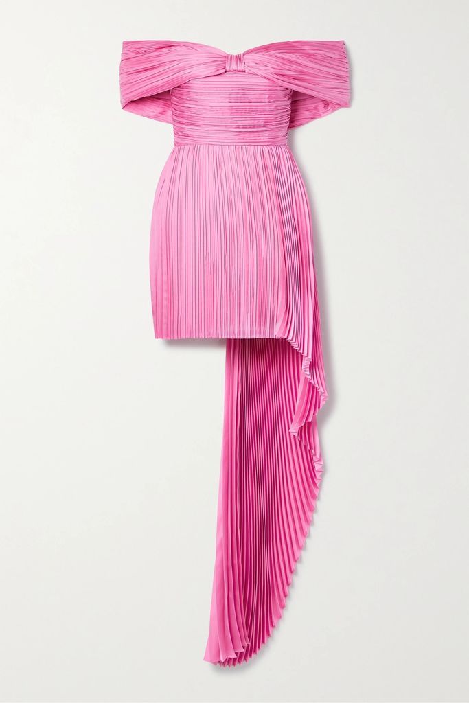 Off-the-shoulder Asymmetric Plissé Silk-charmeuse Mini Dress - Pink