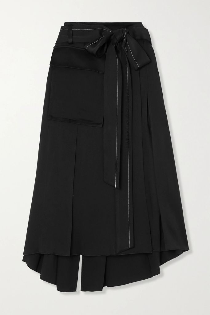 Belted Satin Midi Wrap Skirt - Black