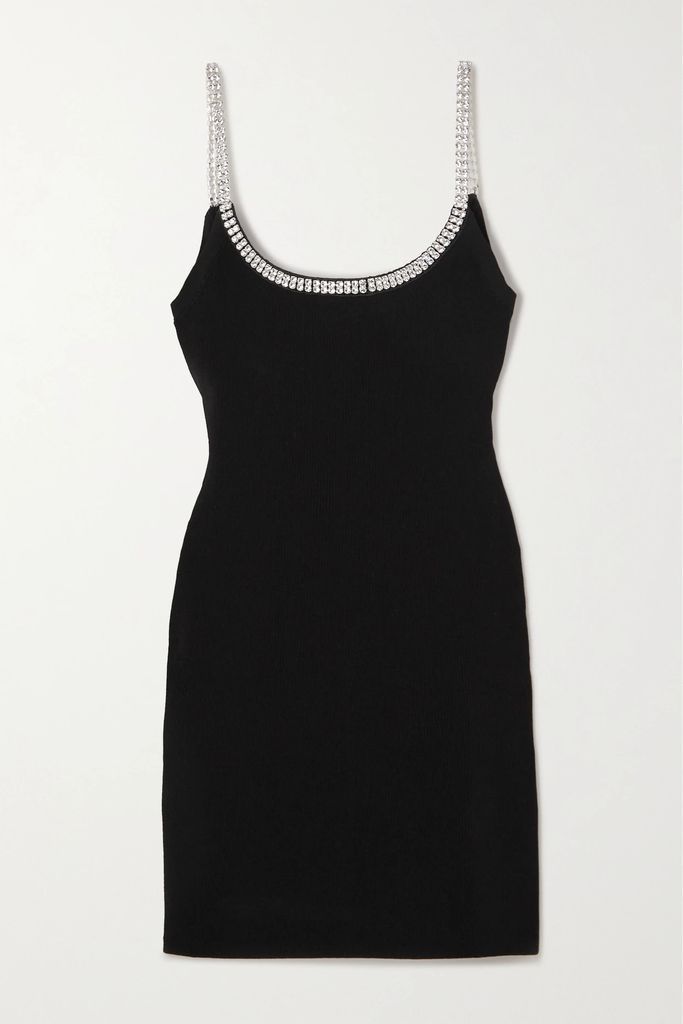Crystal-embellished Ribbed Stretch-jersey Mini Dress - Black