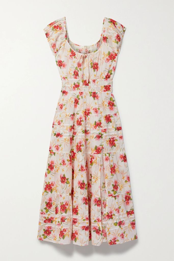 Magdaline Pintucked Shirred Floral-print Cotton-voile Midi Dress - xx small