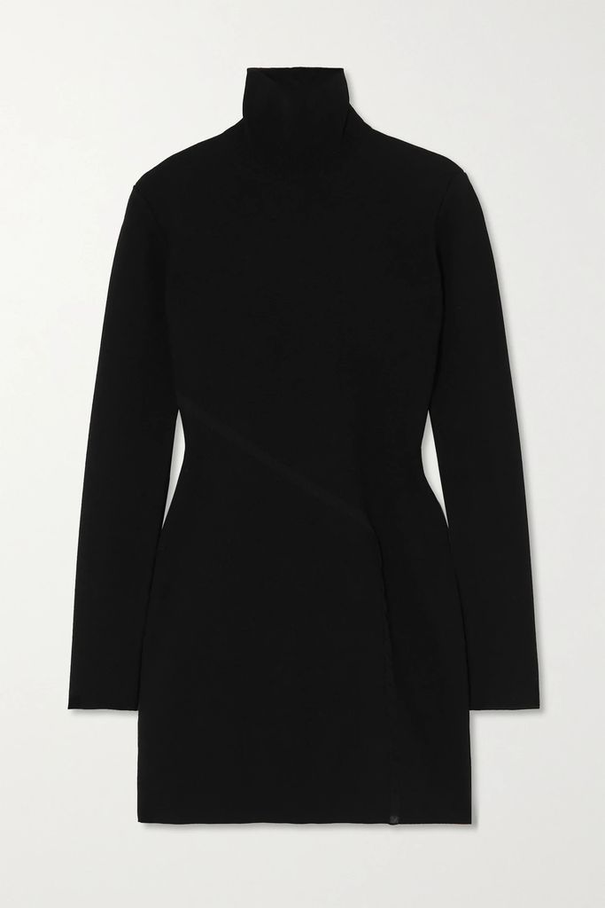 Knitted Mesh-trimmed Turtleneck Mini Dress - Black