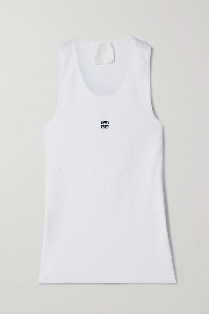 Embroidered Ribbed Cotton-blend Jersey Tank - White
