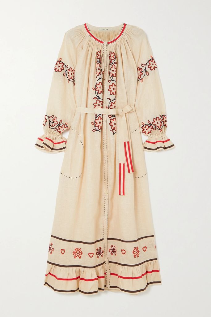 Bukovel Belted Embroidered Linen Midi Dress - Cream