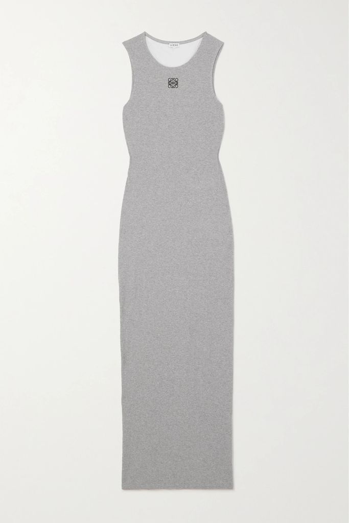 Anagram Embroidered Ribbed Cotton-jersey Midi Dress - Gray