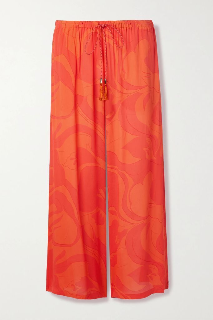 Cropped Printed Crepe Wide-leg Pants - Orange