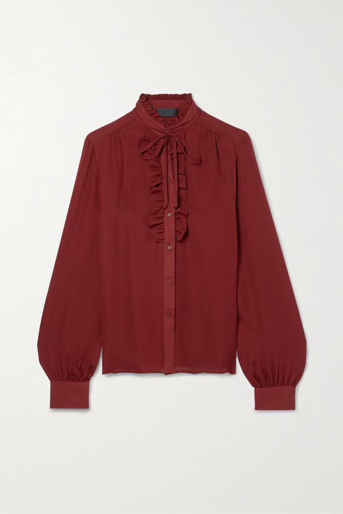 Alizee Tie-neck Ruffled Silk-georgette Shirt - Claret