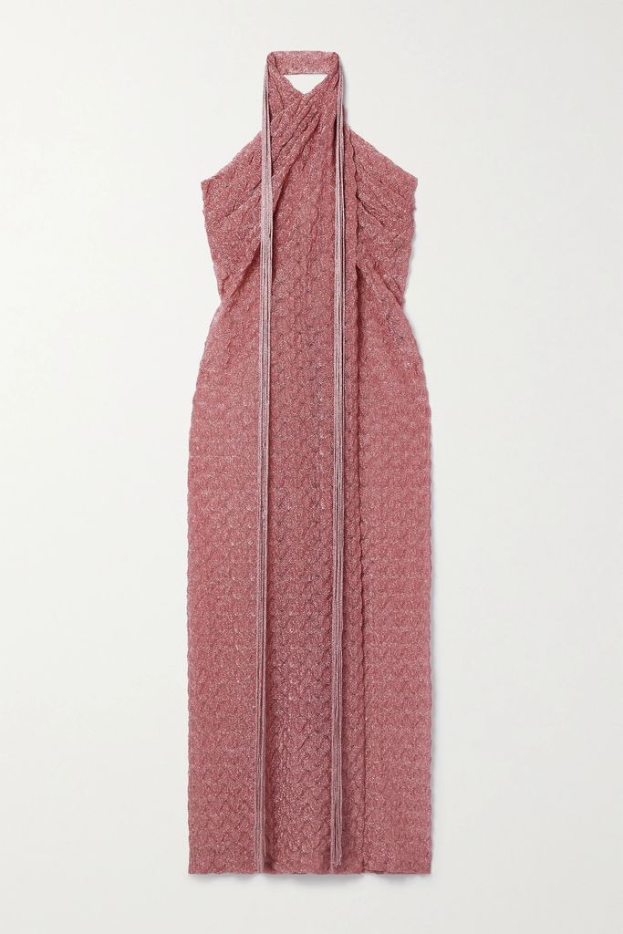 Metallic Crochet-knit Halterneck Maxi Dress - Pink