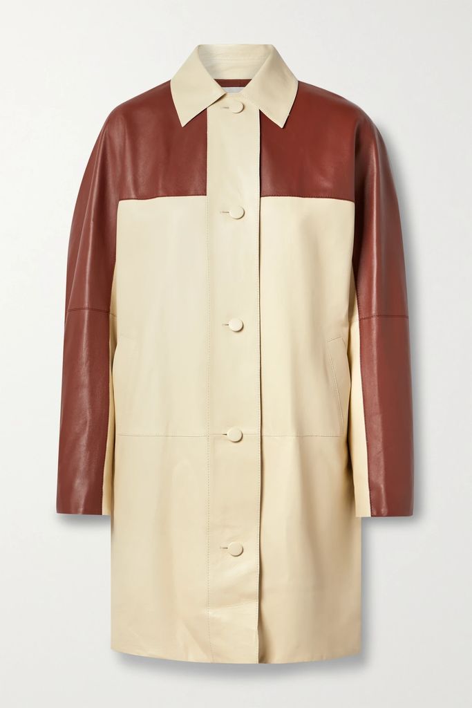 Oversized Two-tone Leather Jacket - Brown