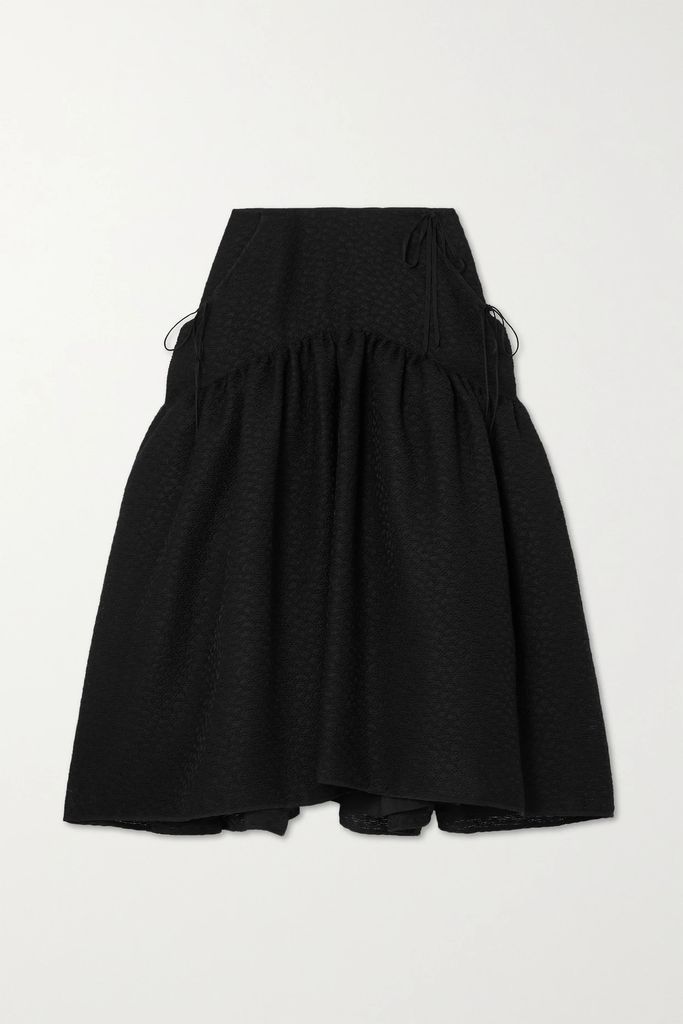 Lilly Gathered Matelassé Midi Skirt - Black