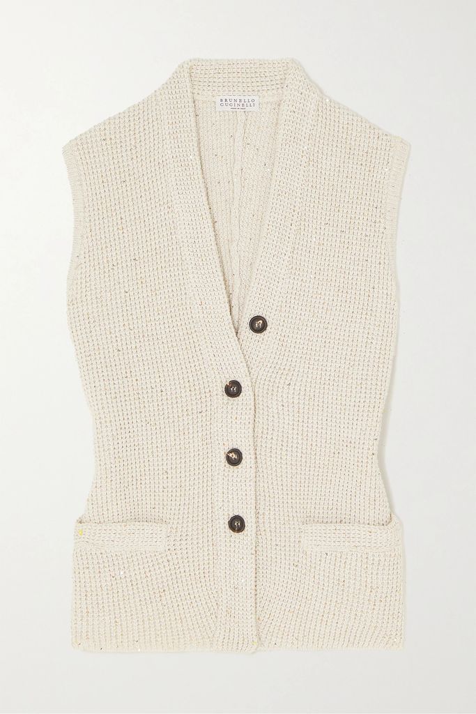 Sequin-embellished Cotton-blend Vest - Beige